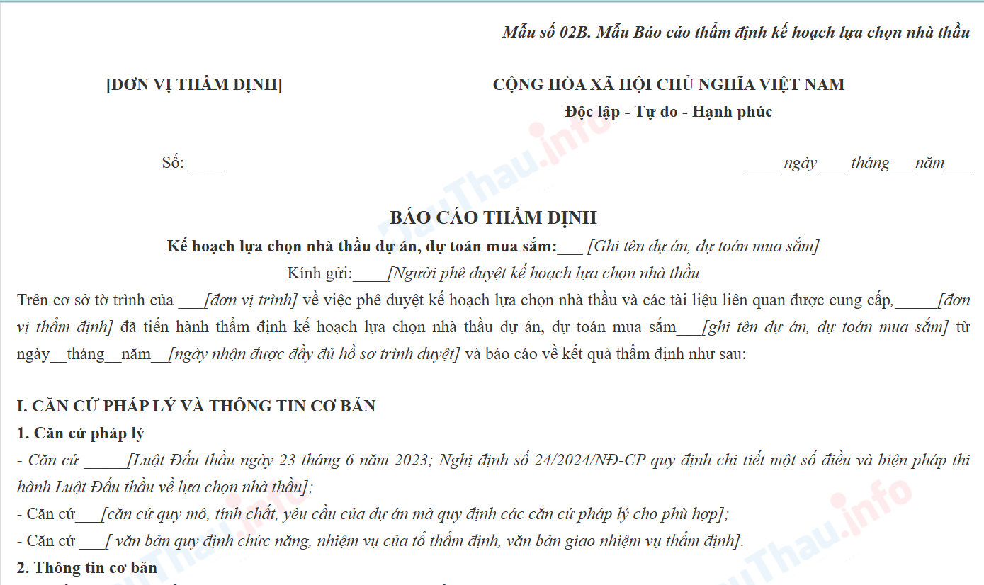 mẫu báo cáo thẩm định khlcnt