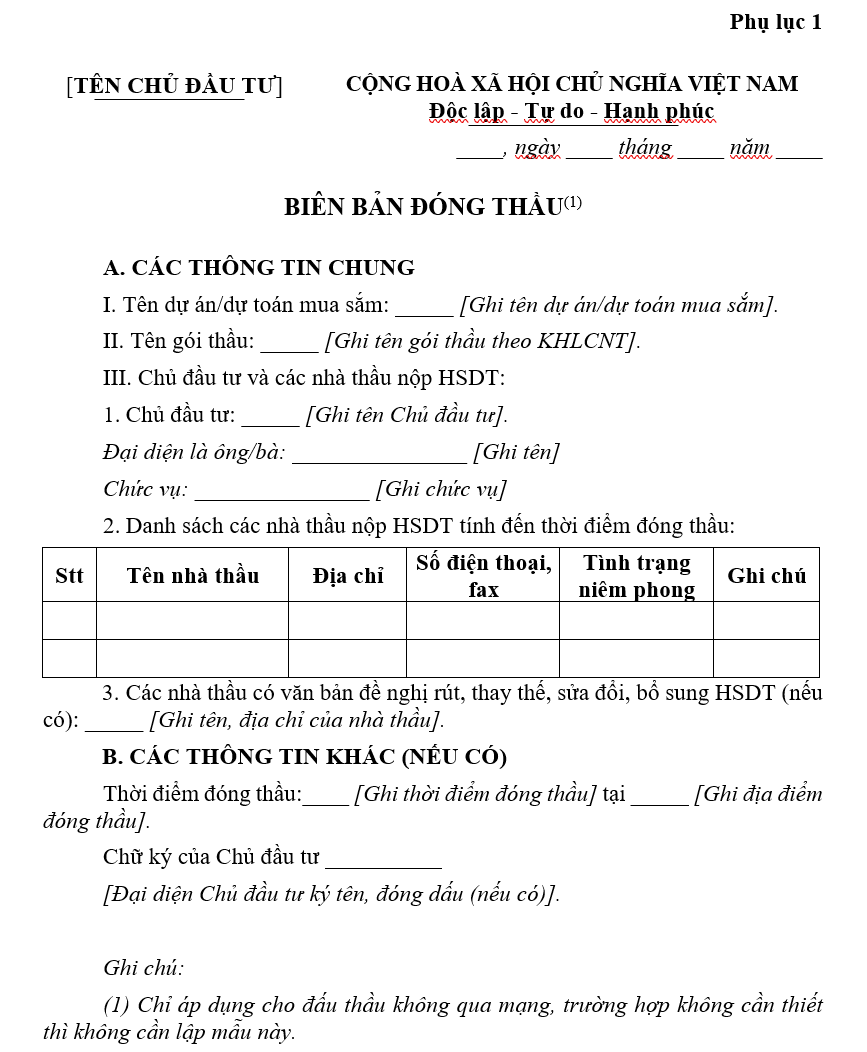 biên bản đóng thầu