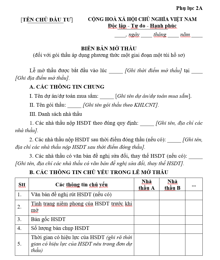 biên bản mở thầu