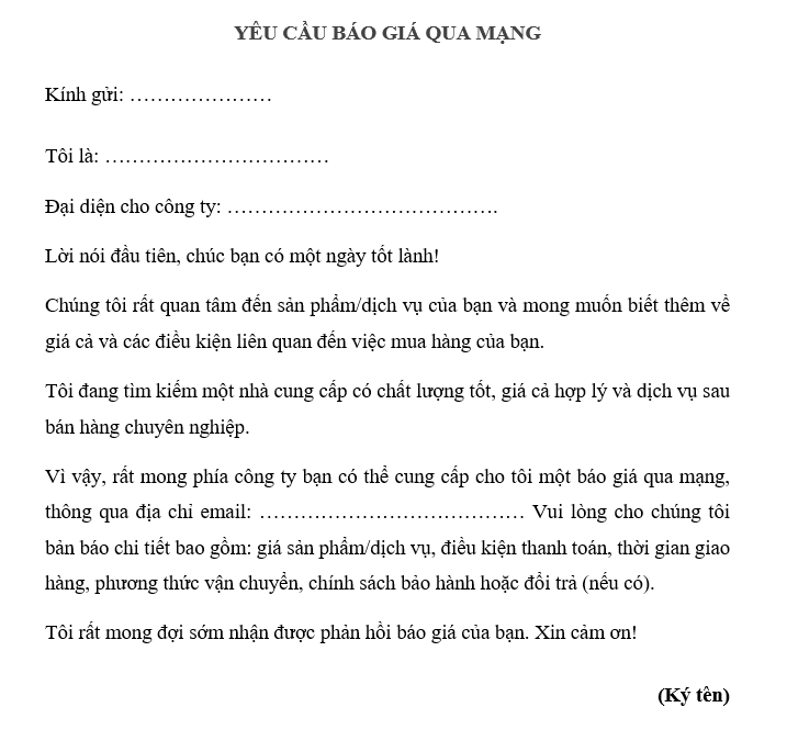 mẫu báo giá qua mạng