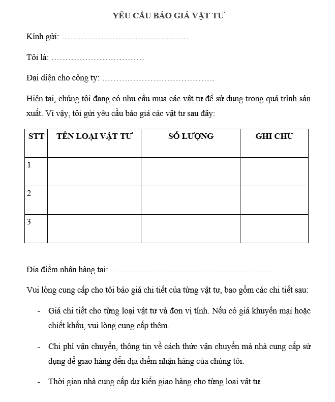 mẫu báo giá vật tư